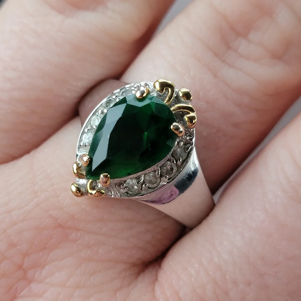 Emerald Teardrop Silver Ring Simulated Diamond Gemstone Gold Tone Accent sz 12